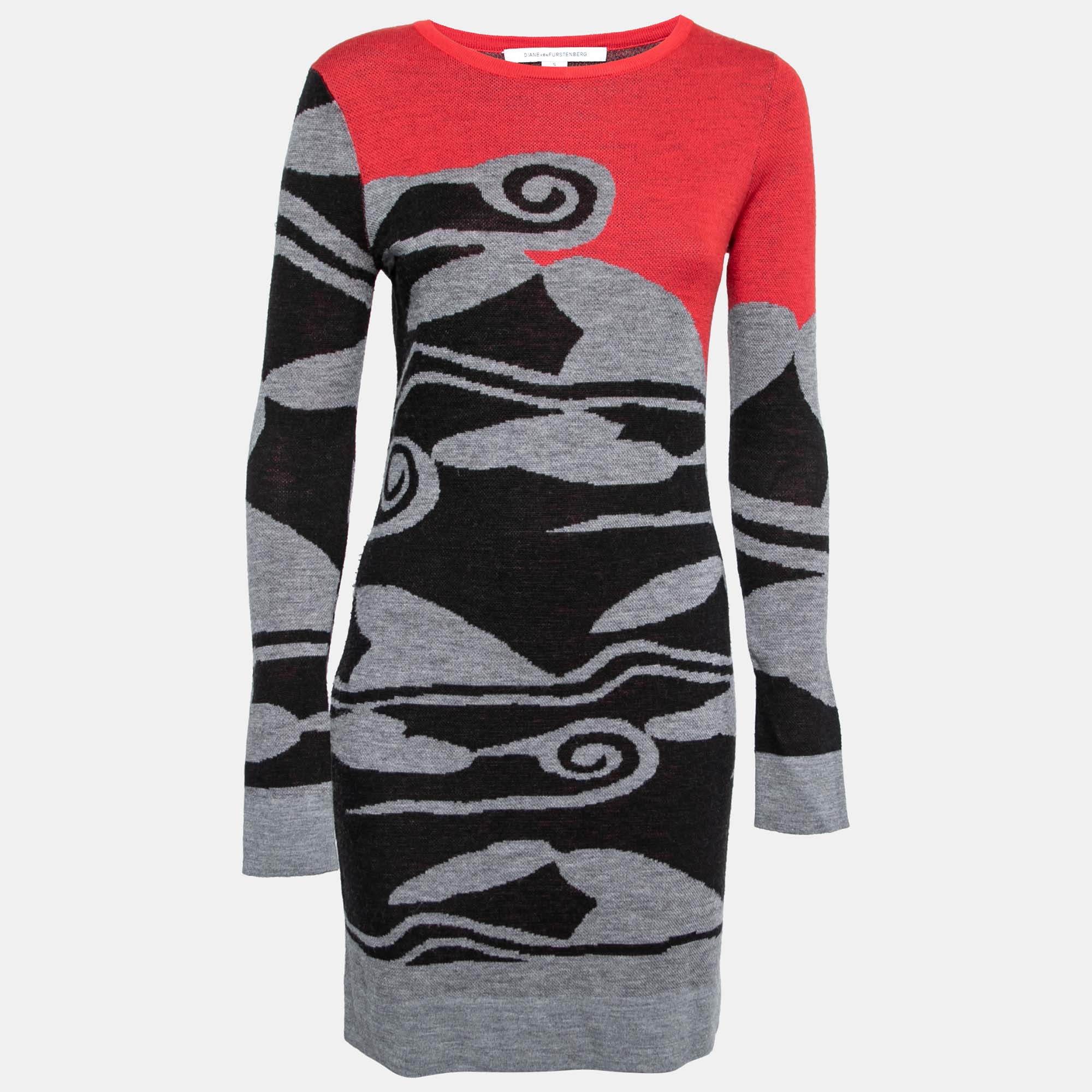 Diane Von Furstenberg Multicolor Intarsia Cloud Patterned Wool Sweater Dress S