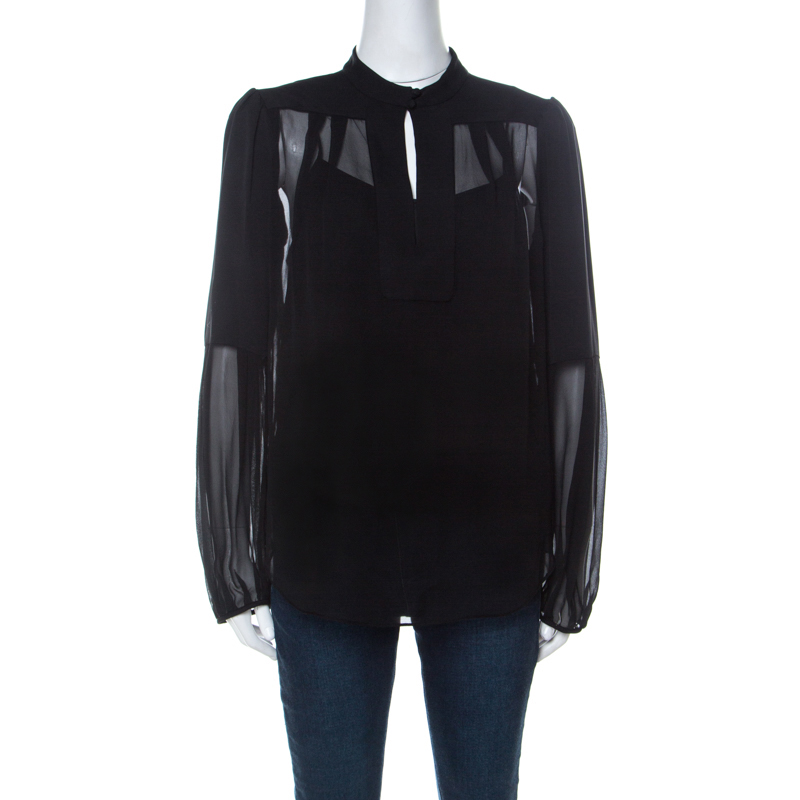 Image of Diane Von Furstenberg Black Chiffon Bishop Sleeve Isolde Top L