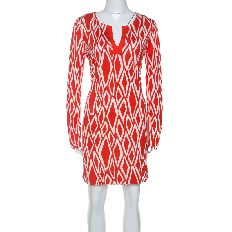 Diane Von Furstenberg Coral Red Ikat Print Silk Reina Long Sleeve Dress L