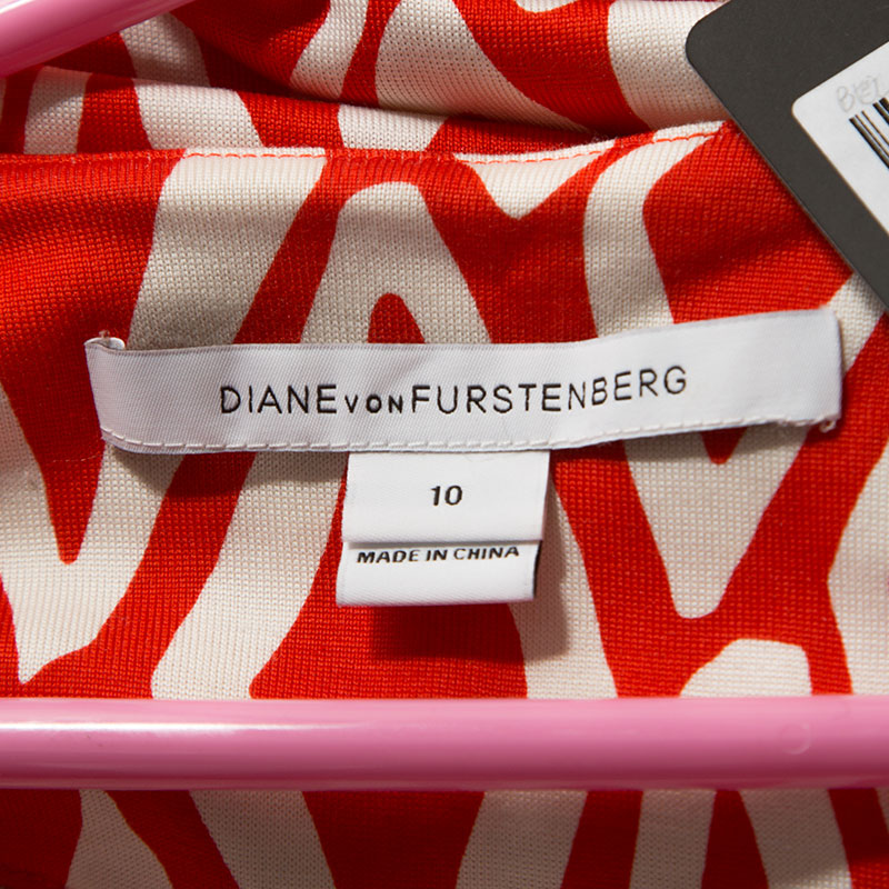 Diane Von Furstenberg Coral Red Ikat Print Silk Reina Long Sleeve Dress L