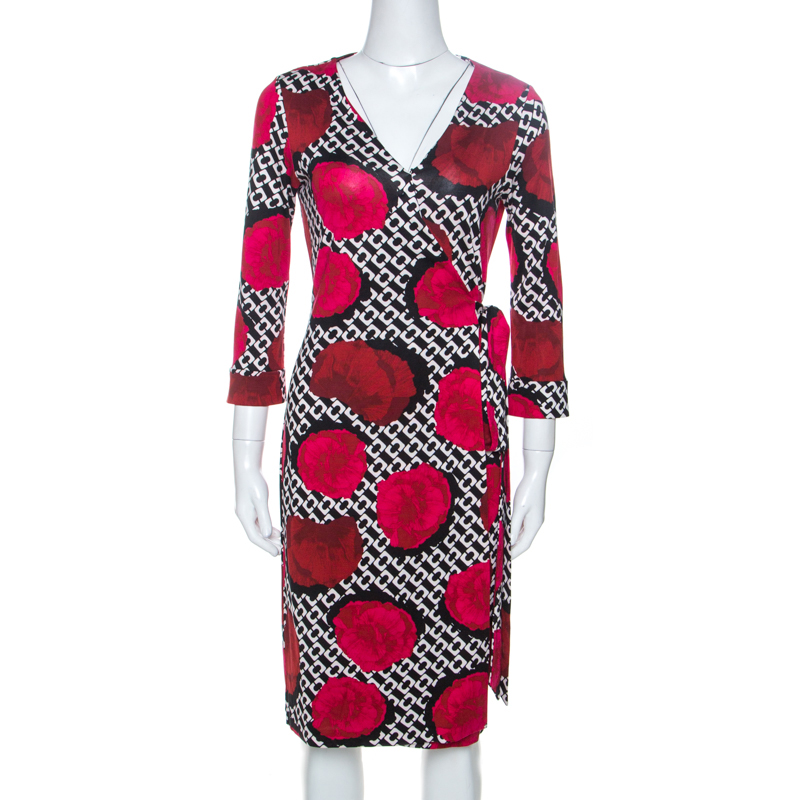 Image of Diane Von Furstenberg Multicolor Floral Print Silk New Julian Two Wrap Dress S