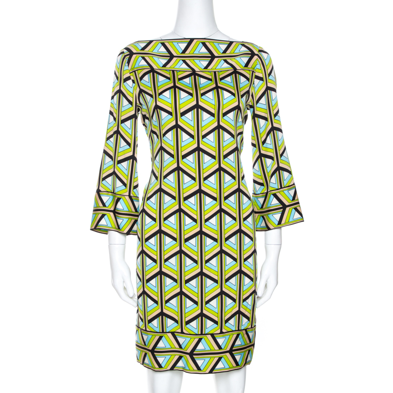 Image of Diane Von Furstenberg Green Printed Silk Andati Shift Dress S