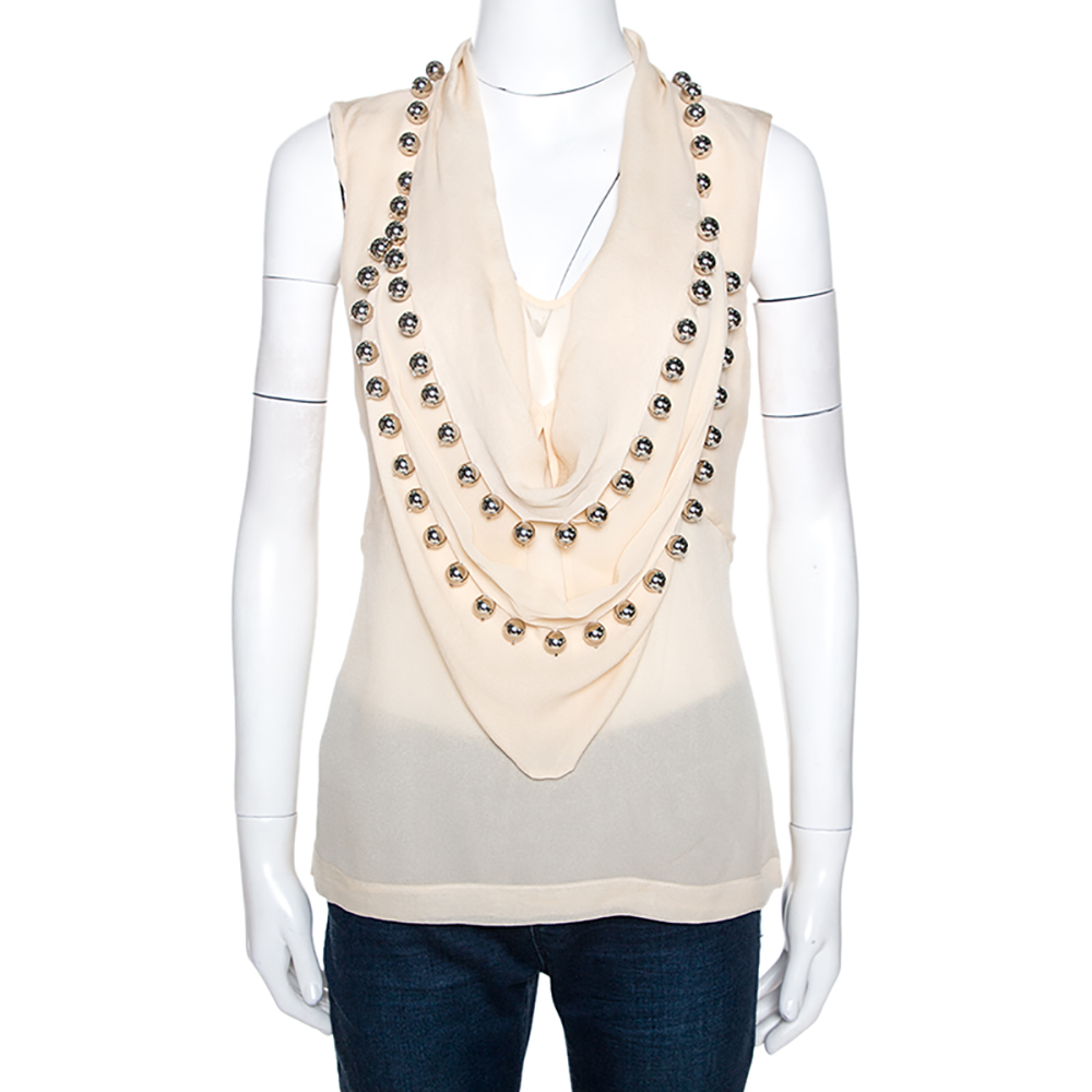 Image of Diane Von Furstenberg Cream Silk Silver Balls Embellished Amya Solid Top L