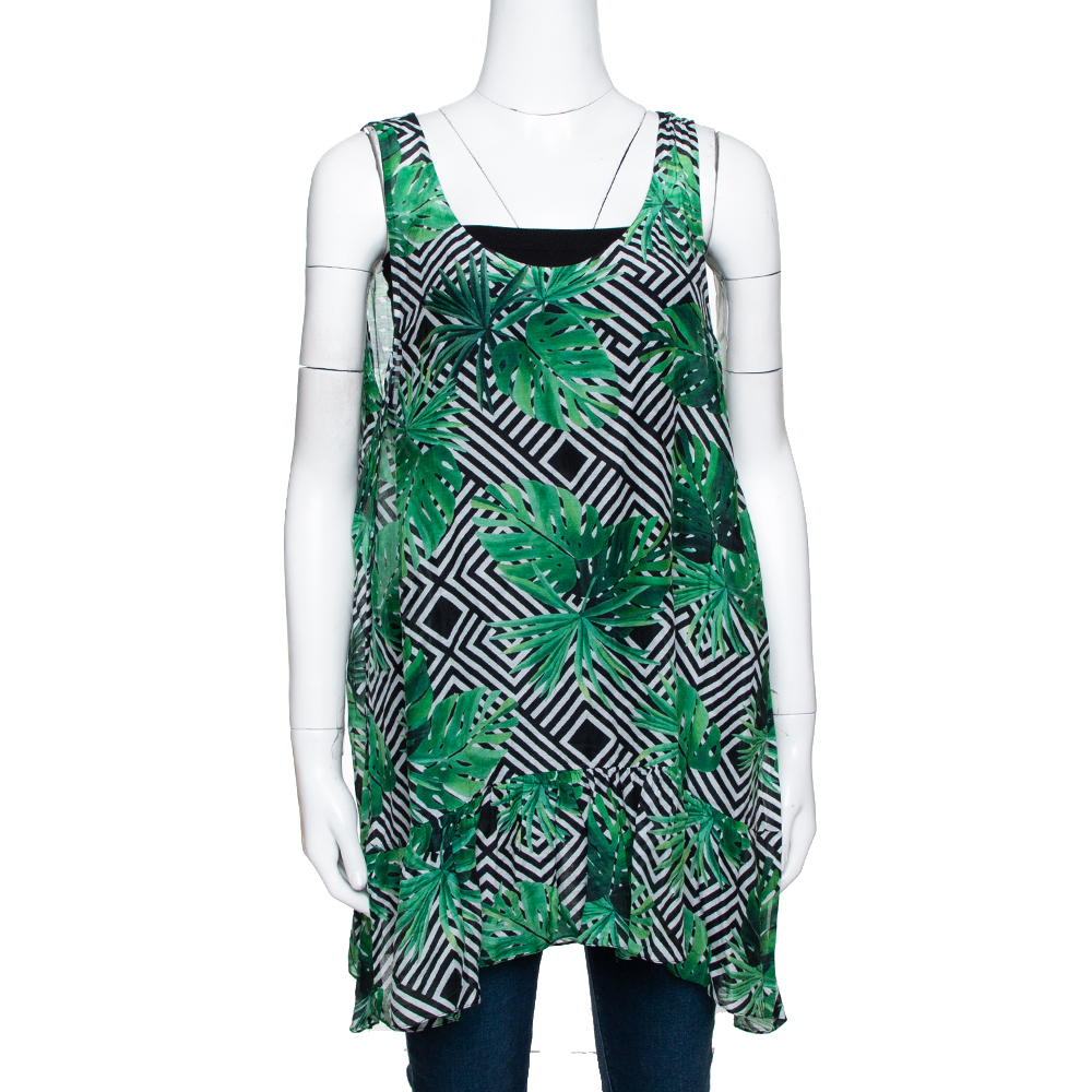 Image of Diane Von Furstenberg Green Cotton Poplin Graphic Leaf Print Sleeveless Top S