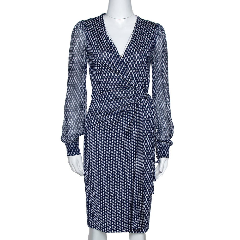 Image of Diane Von Furstenberg Navy Blue Printed Silk Sigourney Two Wrap Dress S