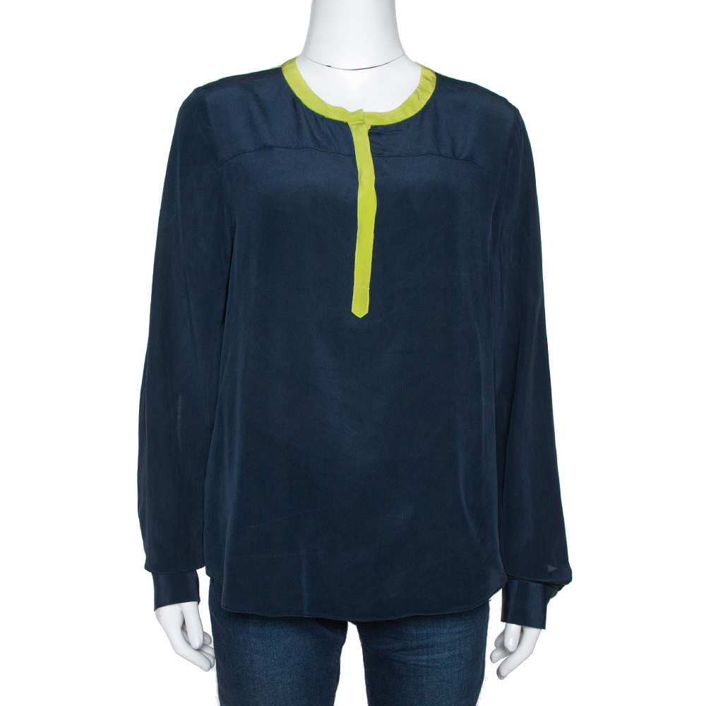 Diane Von Furstenberg Naval Blue Silk Contrast Trim Maisy Blouse L