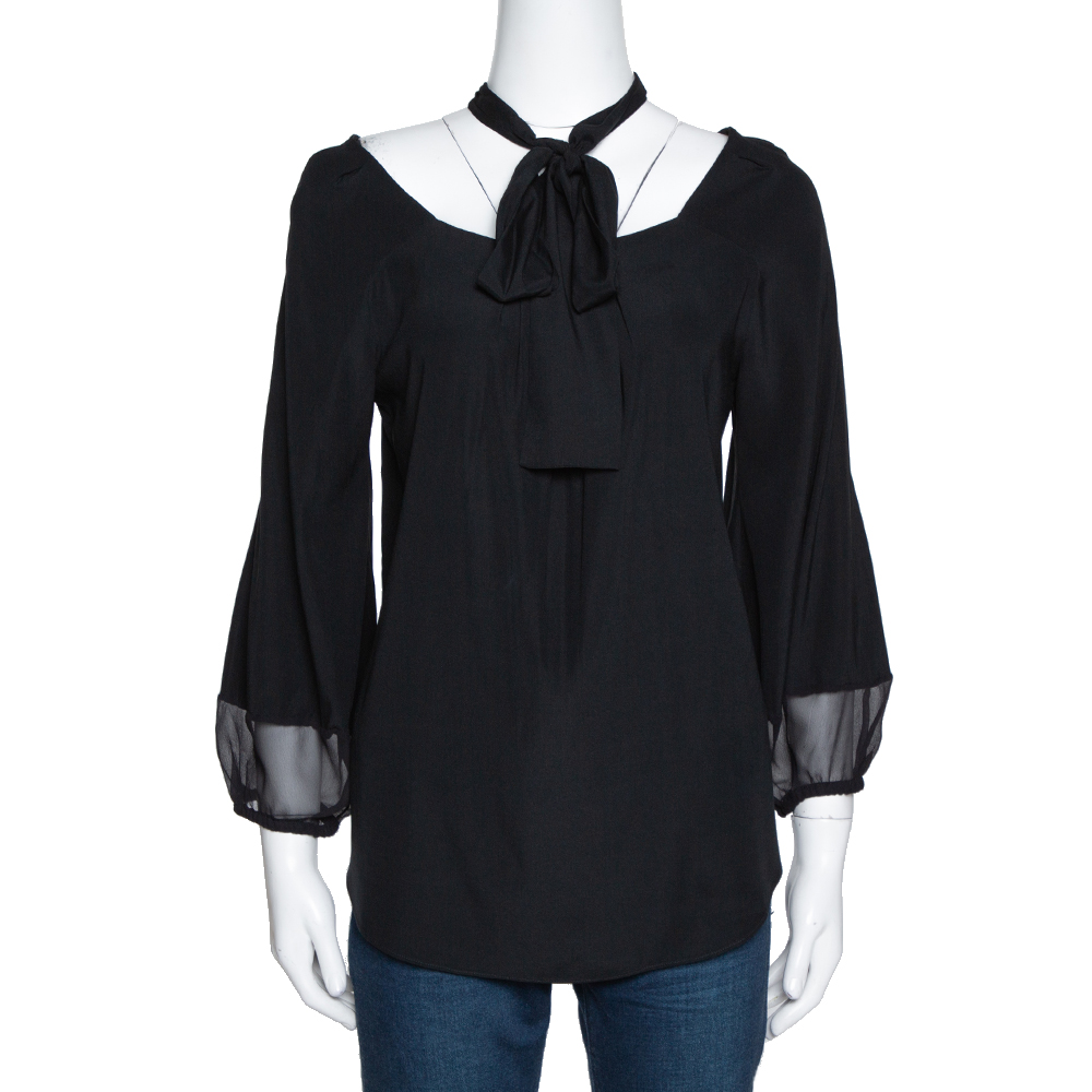 Image of Diane von Furstenberg Black Silk Neck Tie Detail Blouse M