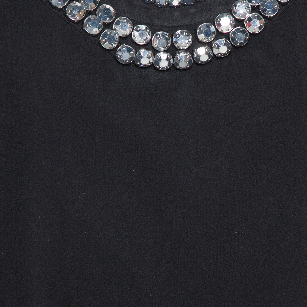 Diane Von Furstenberg Black Crystal Embellished Silk Ade Top S