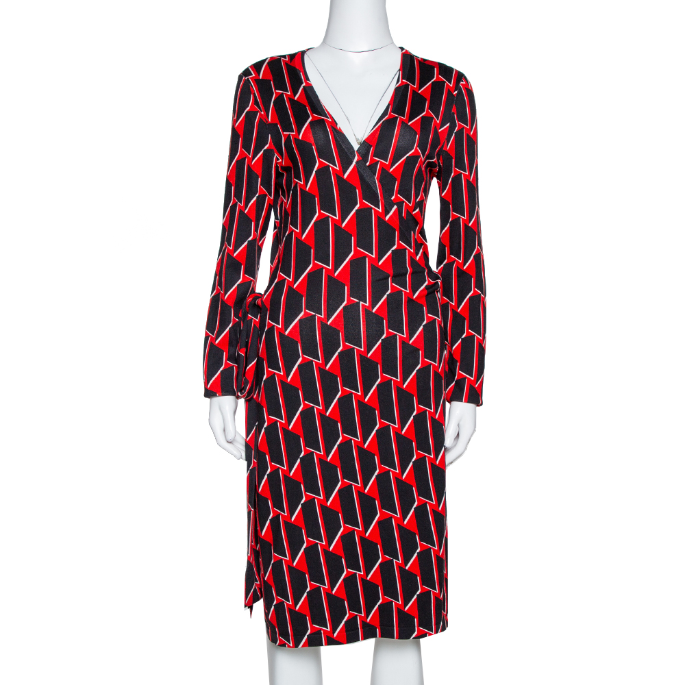 Image of Diane von Furstenberg Black & Red Printed Silk Linda Wrap Dress M