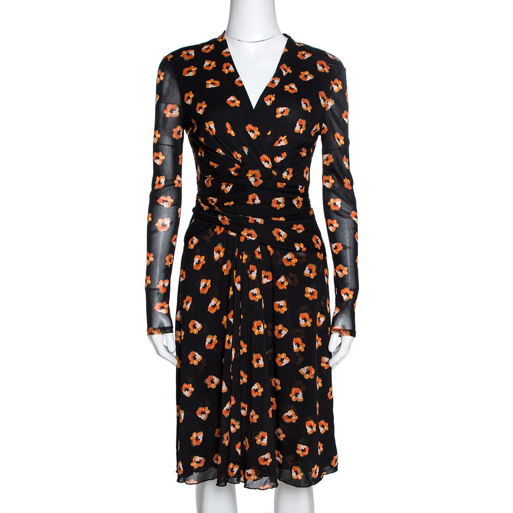 Image of Diane von Furstenberg Black & Orange Floral Print Wrap Dress S