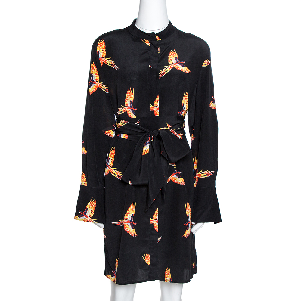 Image of Diane von Furstenberg Black Bird Print Silk Shirt Dress M