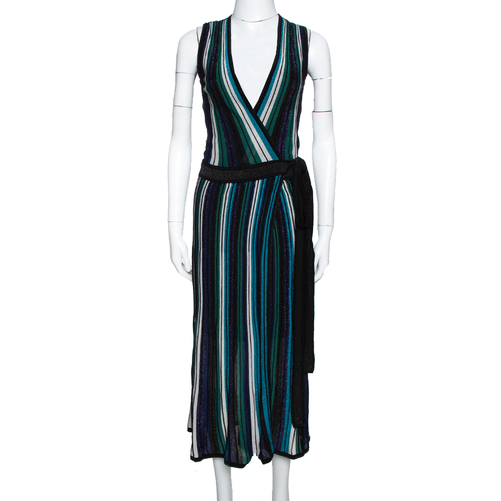 Image of Diane von Furstenberg Black Lurex Striped Knit Cadenza Wrap Dress P