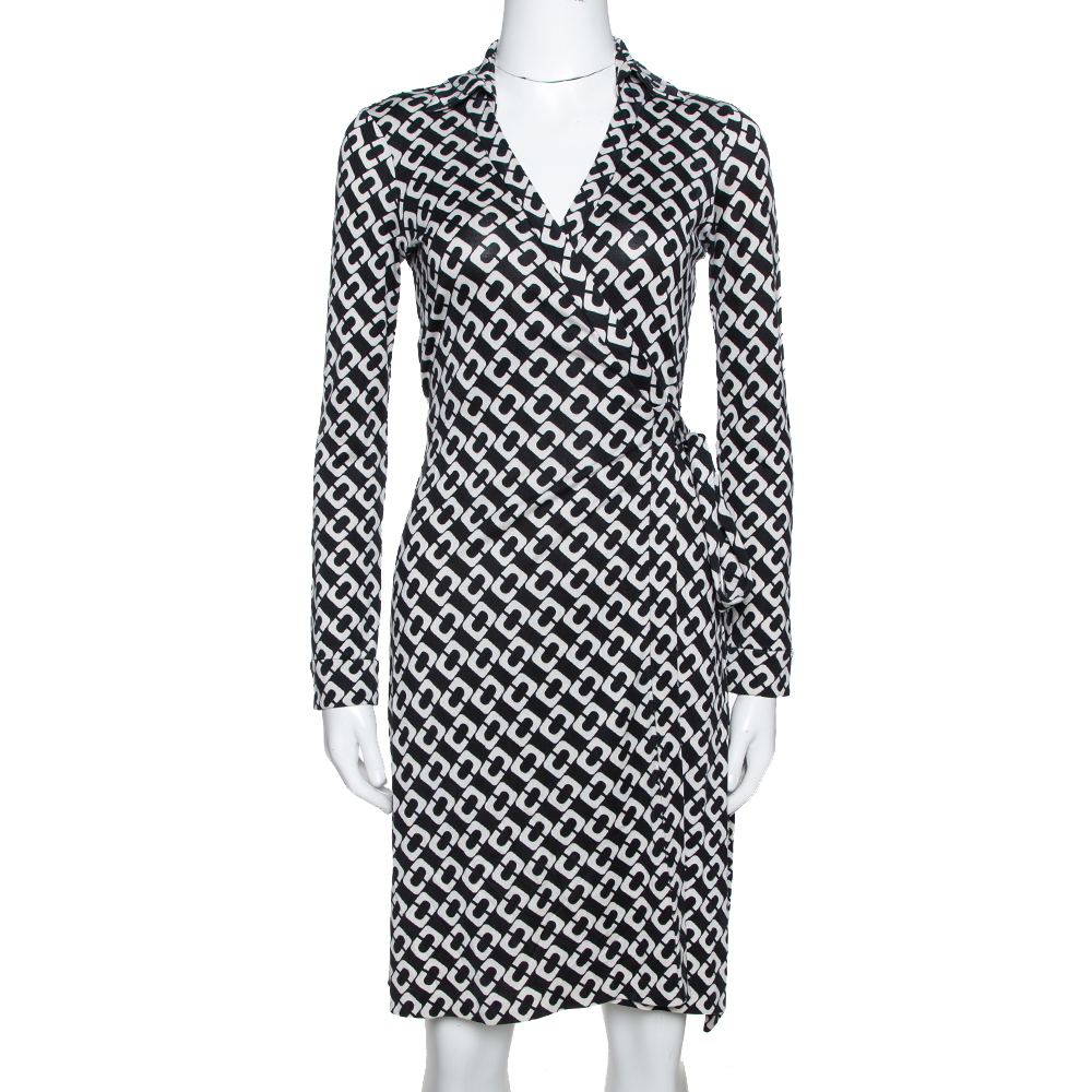 Image of Diane Von Furstenberg Black Chain Link Silk New Jeanne Two Wrap Dress S