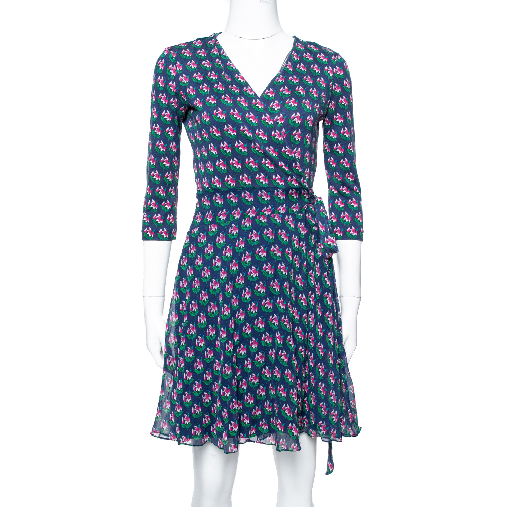 Image of Diane von Furstenberg Navy Blue Floral Print Silk Irina Wrap Dress S