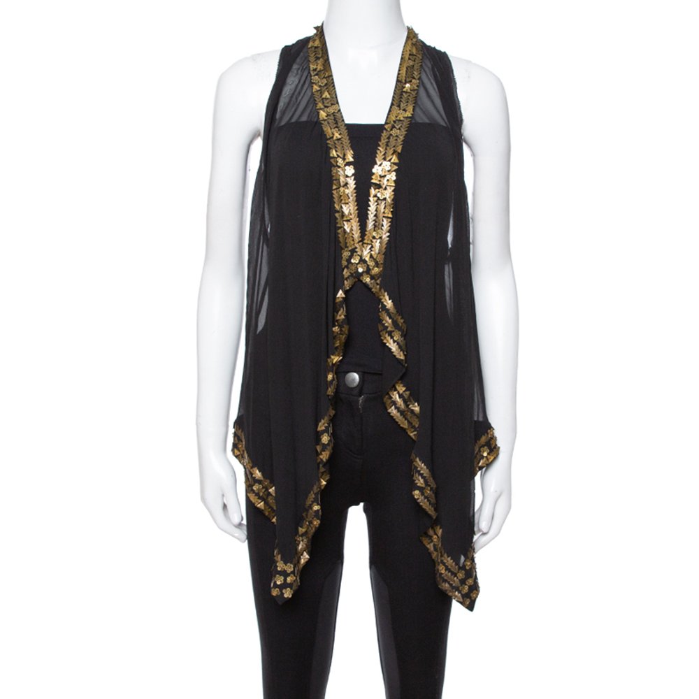 Image of Diane von Furstenberg Black Silk Gold Sequin Embellished Ellowyn Vest M