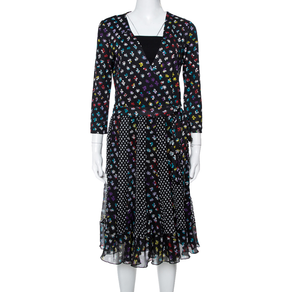 Image of Diane von Furstenberg Floral & Dot Print Paneled Caprice Wrap Dress M