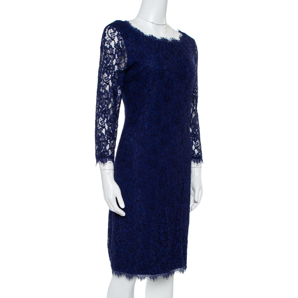 

Diane Von Furstenberg Navy Blue Lace Zarita Long Sleeve Dress