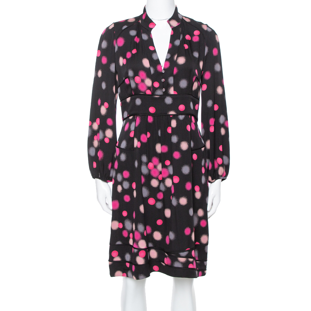 Image of Diane Von Furstenberg Black Polka Dots Silk Half Sleeve Midi Dress M