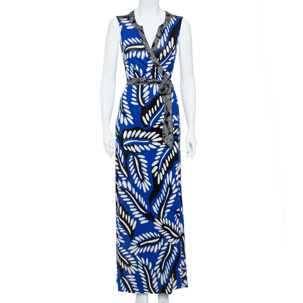 Image of Diane von Furstenberg Blue Printed Silk Jersey Orchid Maxi Wrap Dress M
