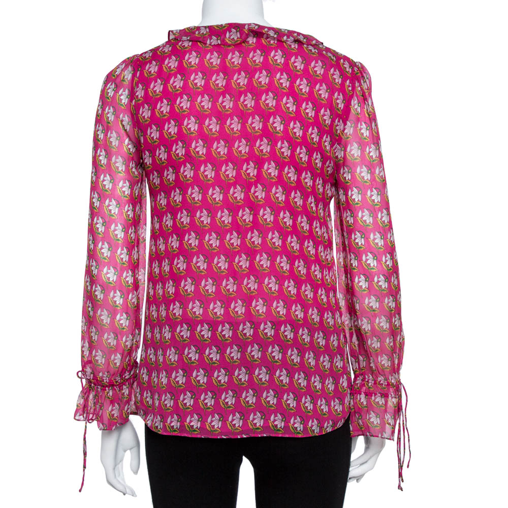 Diane Von Furstenberg Bright Pink Silk Floral Print Kirsty Blouse XS