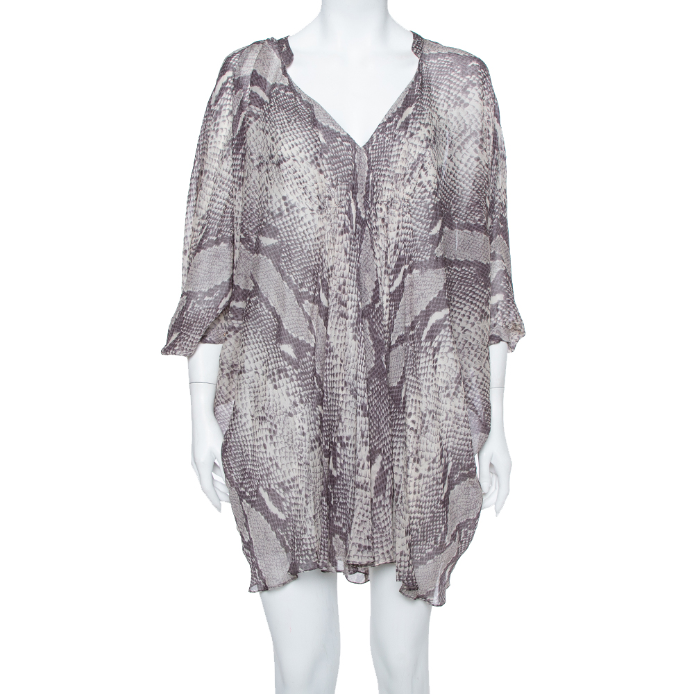 Diane Von Furstenberg  Grey Snakeskin Printed Silk Draped Fleurette Dress XS