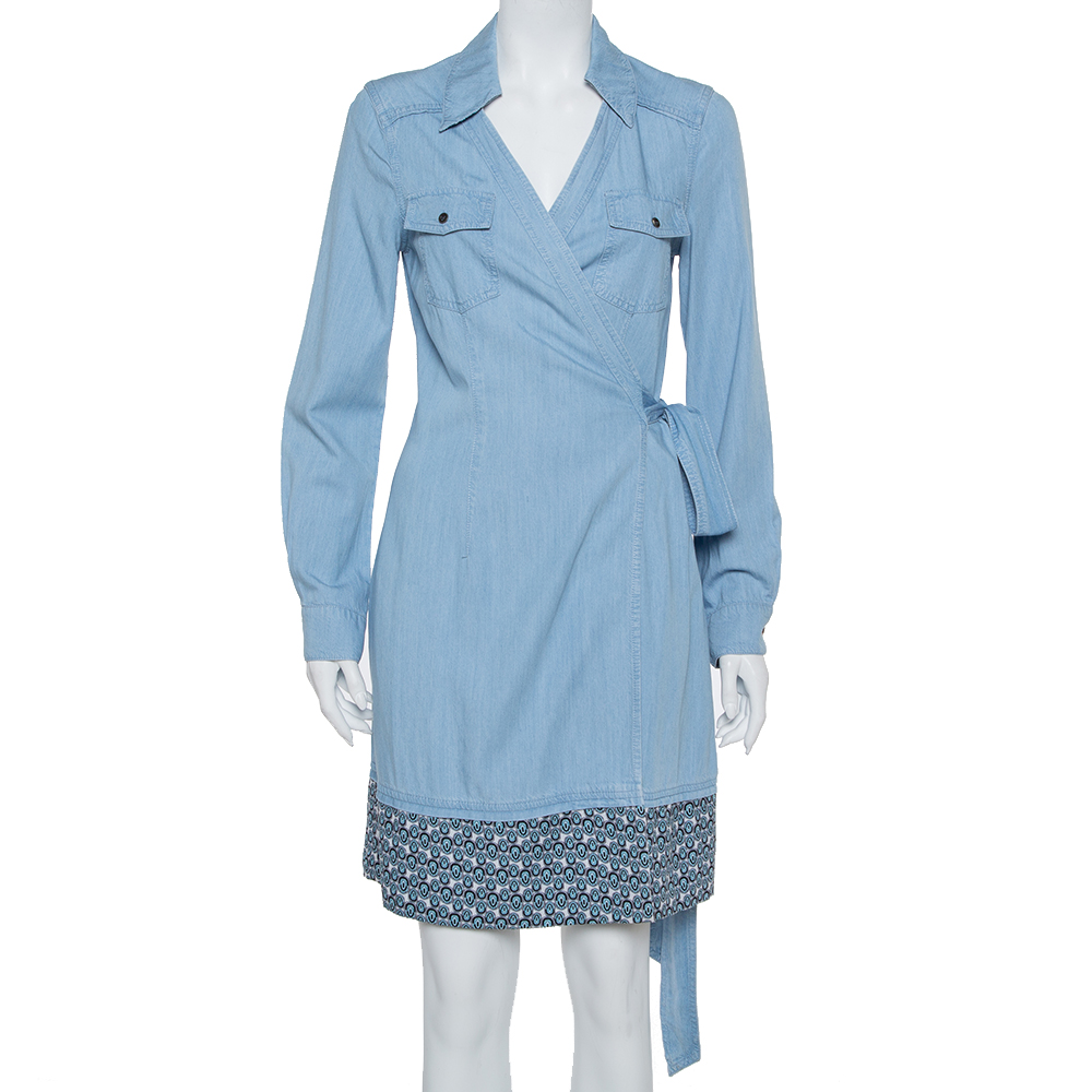 Diane Von Furstenberg Blue Chambray Contrast Hem Detail Savion Wrap Dress M