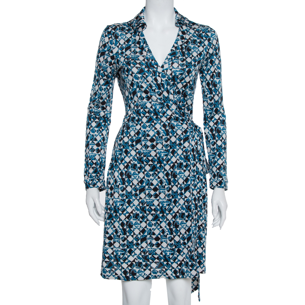 Diane Von Furstenberg Blue Silk Knit New Jeanne Two Wrap Dress M
