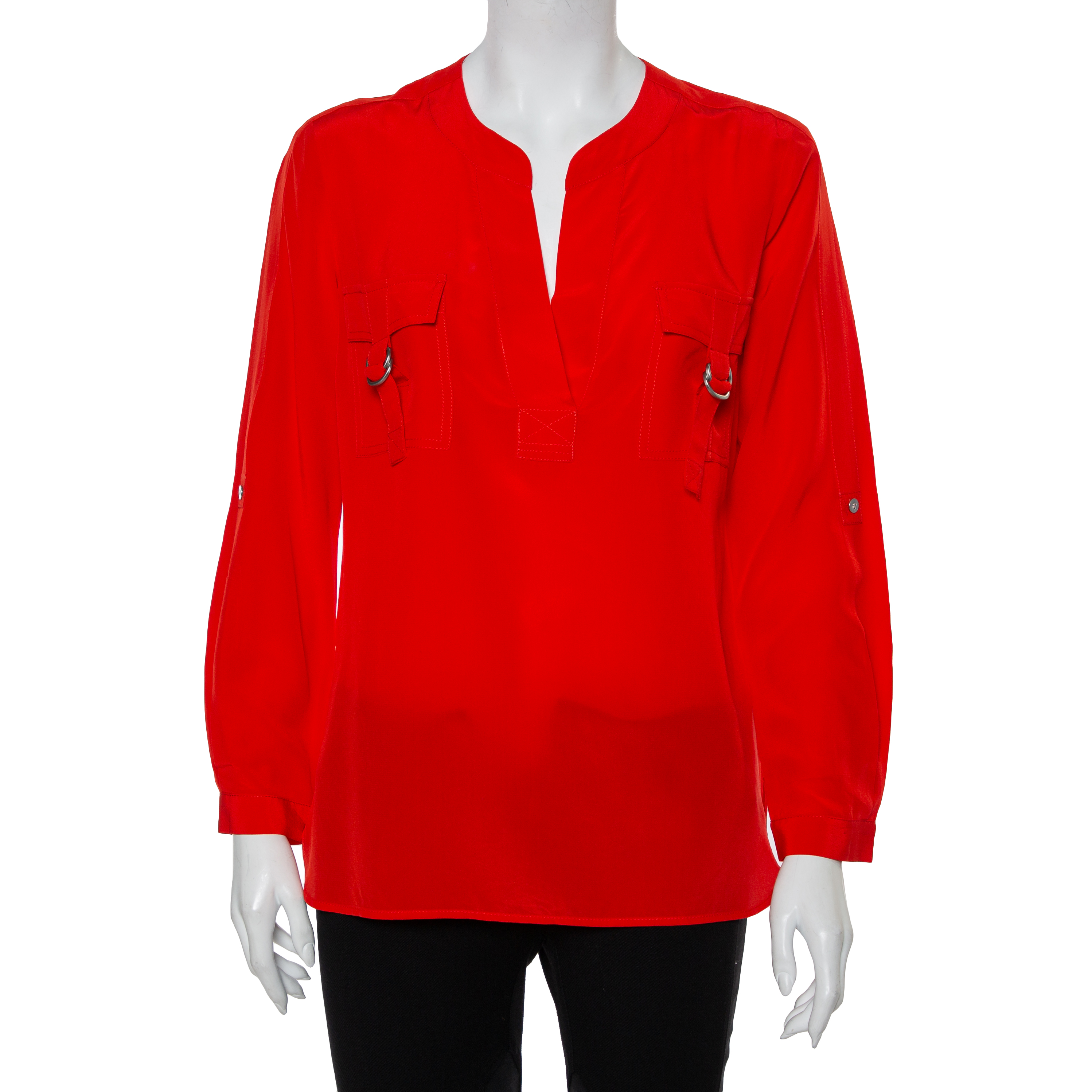 Diane Von Furstenberg Red Silk Pocket Detail Danielle Top S