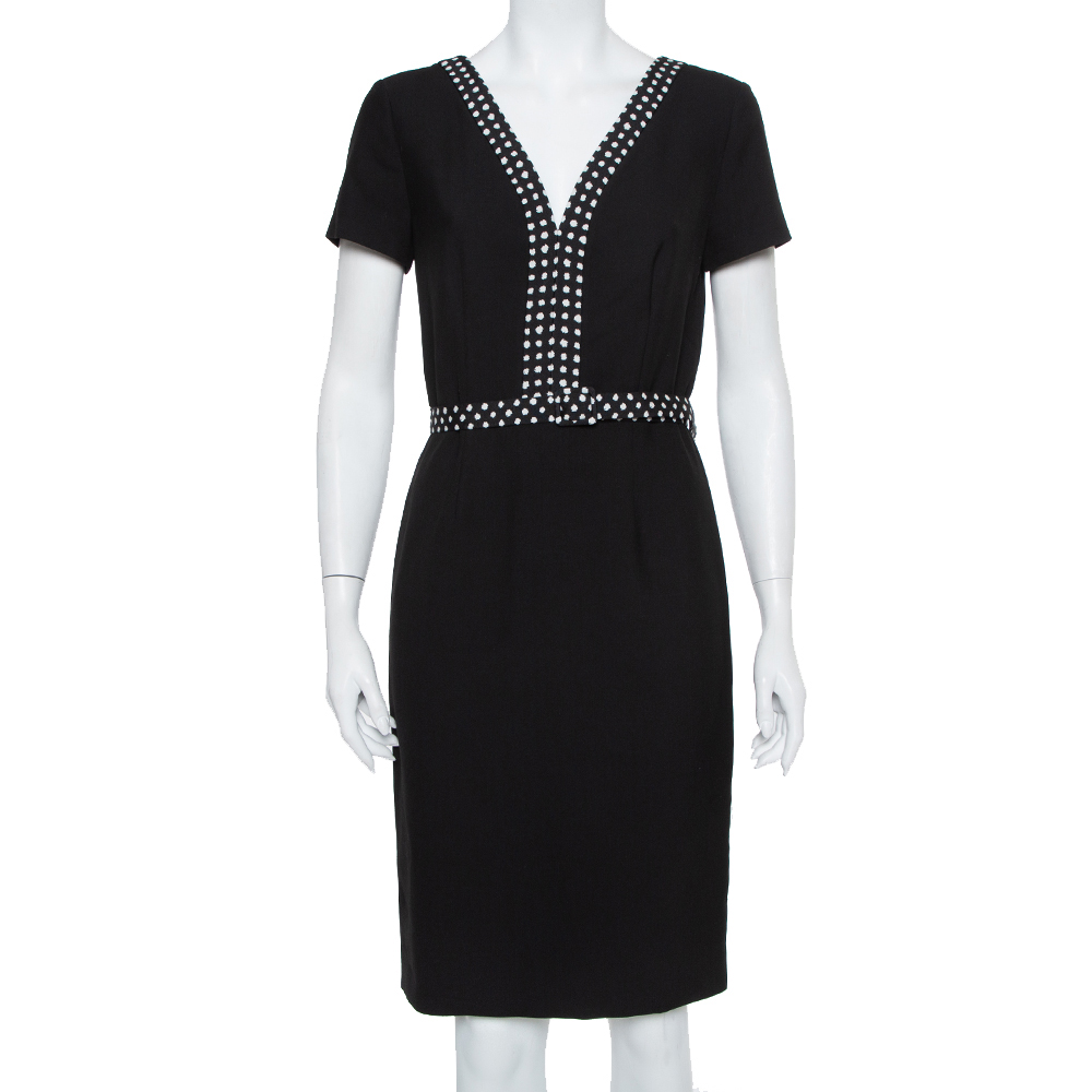 Diane Von Furstenberg Black Knit Contrast Trim Detail Belted Maisie Dress M