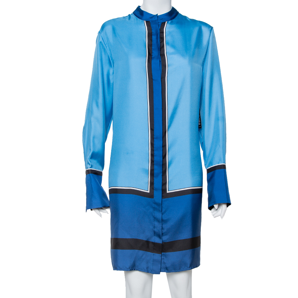 Diane Von Fustenberg Blue Silk Satin Oversized Shirt Dress M