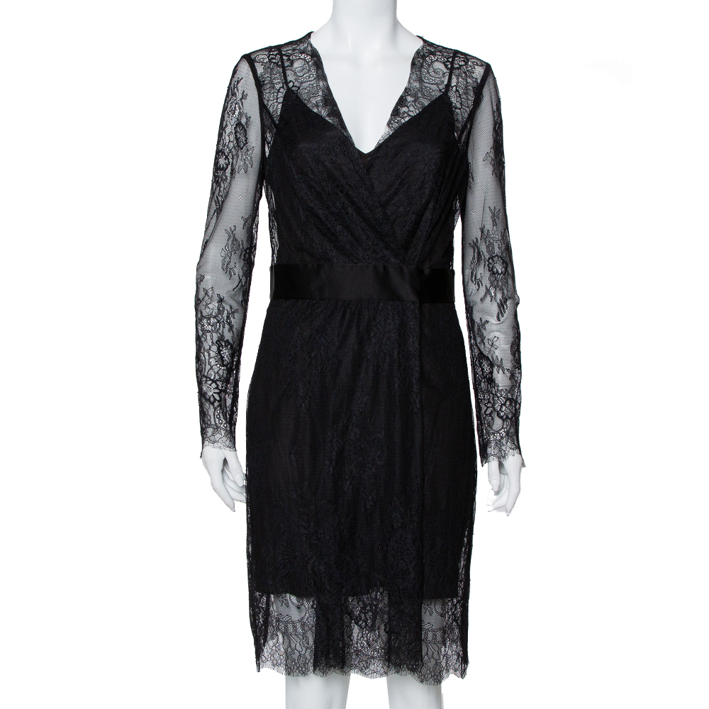Diane Von Furstenberg Black Lace Faux Wrap Midi Dress L