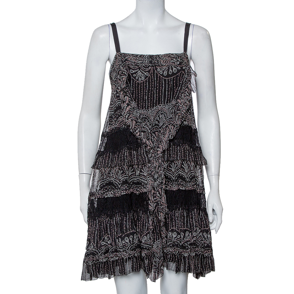 Diane von furstenberg black printed silk lace trim detail tiered taleen mini dress m