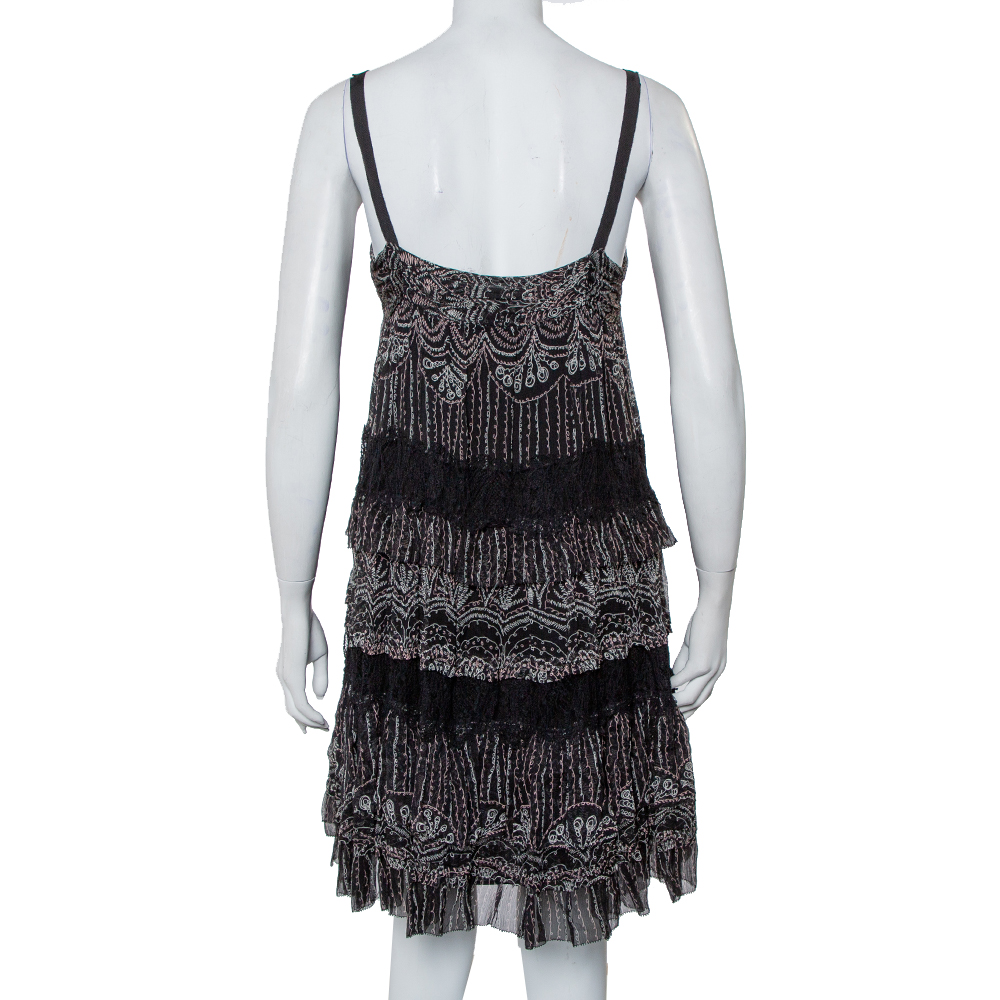 Diane Von Furstenberg Black Printed Silk Lace Trim Detail Tiered Taleen Mini Dress M