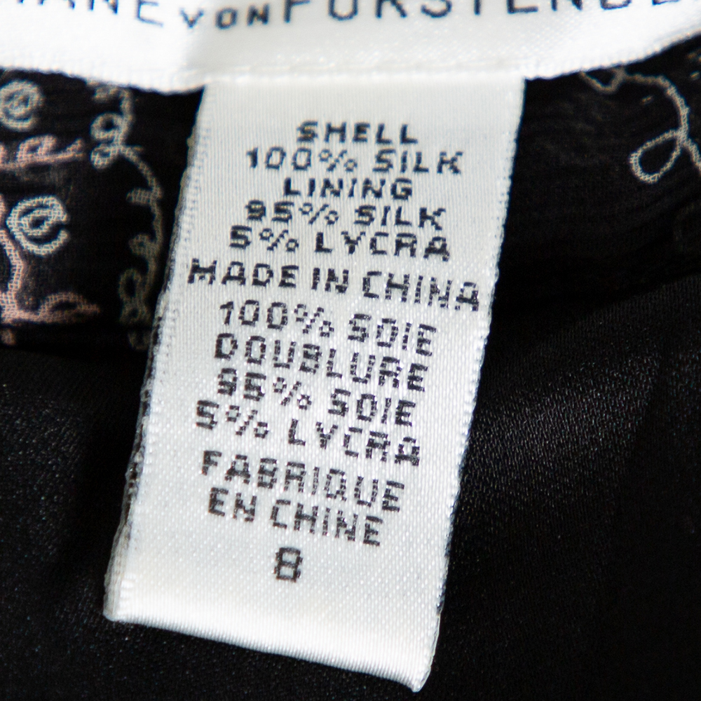 Diane Von Furstenberg Black Printed Silk Lace Trim Detail Tiered Taleen Mini Dress M