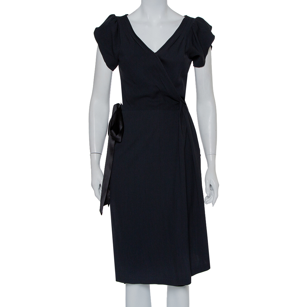 Diane von Furstenberg Black Wool Satin Trim Detail Antoinette Wrap Dress M