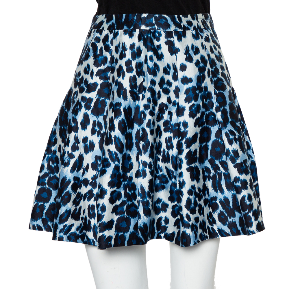 Diane von Furstenberg Blue Animal Printed Cotton & Silk Pleated Gemma Mini Skirt XS