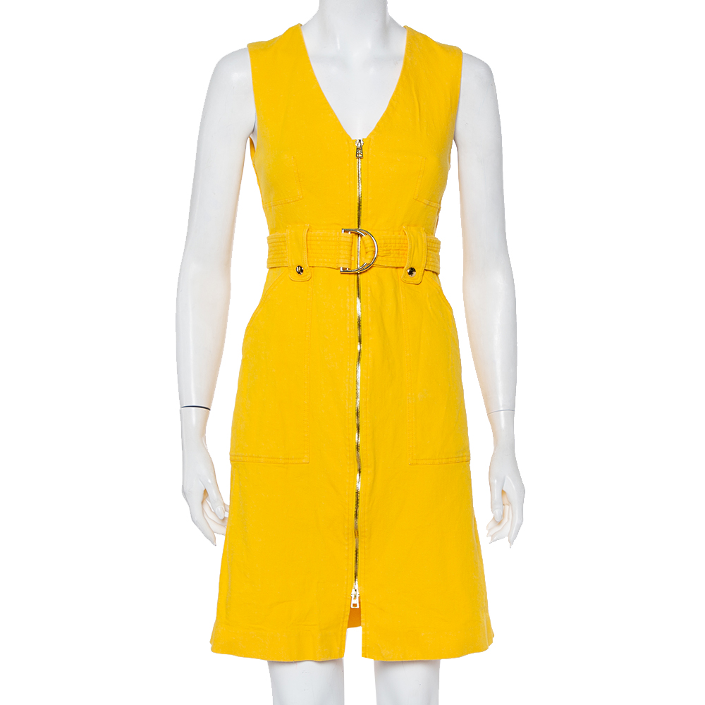 Diane von Furstenberg Yellow Cotton Zip Front Belted Sleeveless Dress S