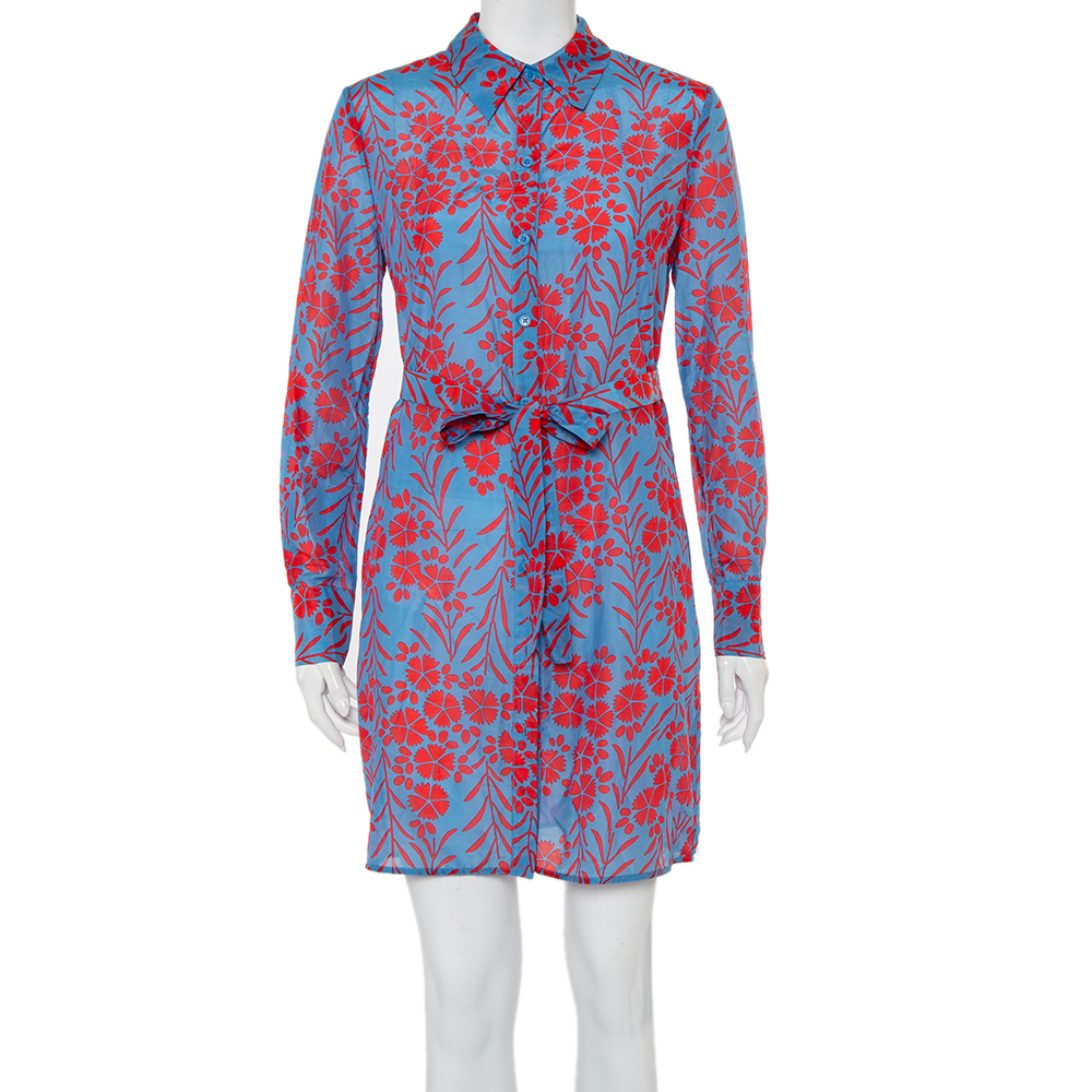 Diane Von Furstenberg Blue Printed Cotton Belted Mykonos Breeze Shirt Dress S