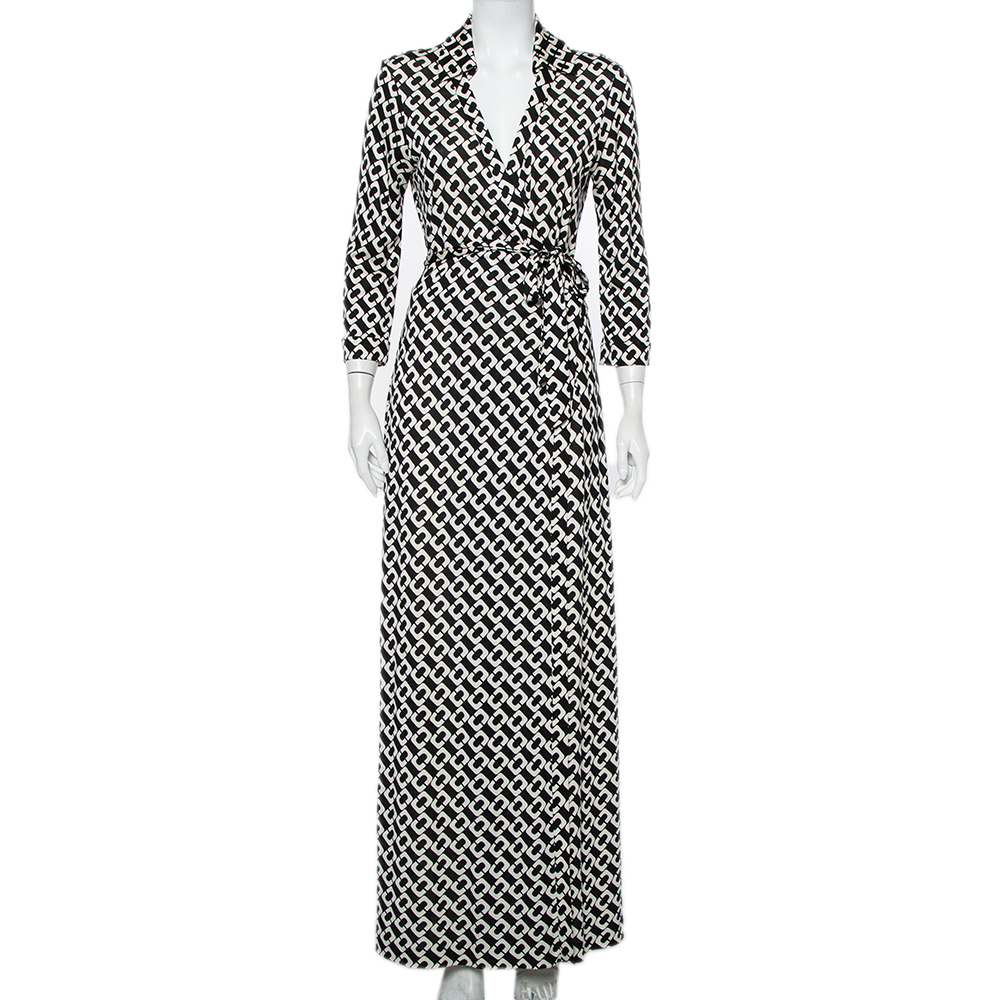 Diane Von Furstenberg Monochrome Silk Abigail Maxi Wrap Dress L