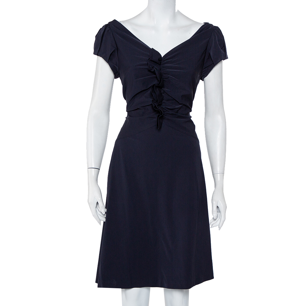 Diane Von Furstenberg Navy Blue Ruffle Detail Samaya Dress L