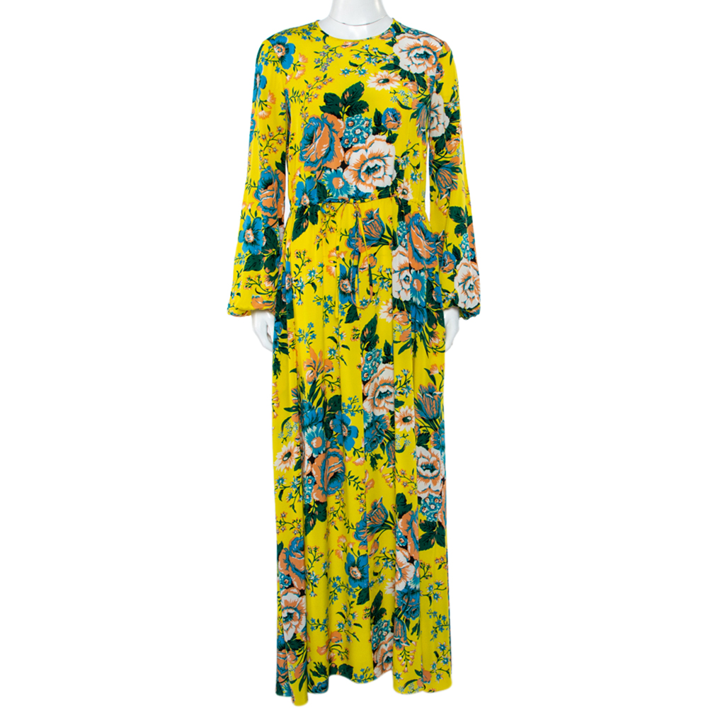 Diane von Furstenberg Yellow Floral Printed Silk Waist Tie Detail Maxi Dress S