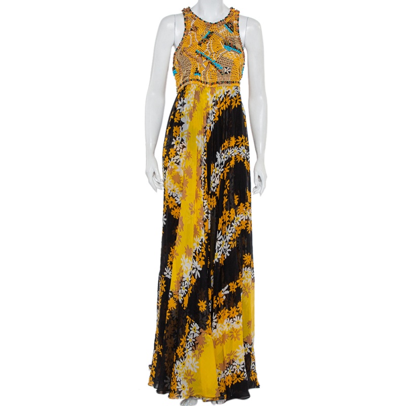 Diane Von Furstenberg Multicolor Cotton Embellished Yoke Detail Maxi Dress XL