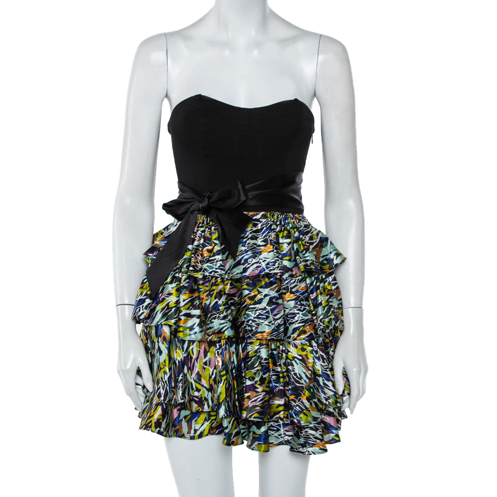 Diane Von Furstenberg Multicolor Satin & Knit Waist Tie Detail Strapless Mini Dress XS