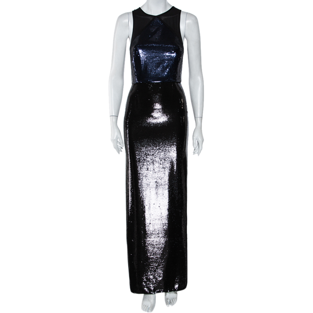 Diane Von Furstenberg Navy Blue & Black Sequined Silk Sheer Back Detail Gown XS