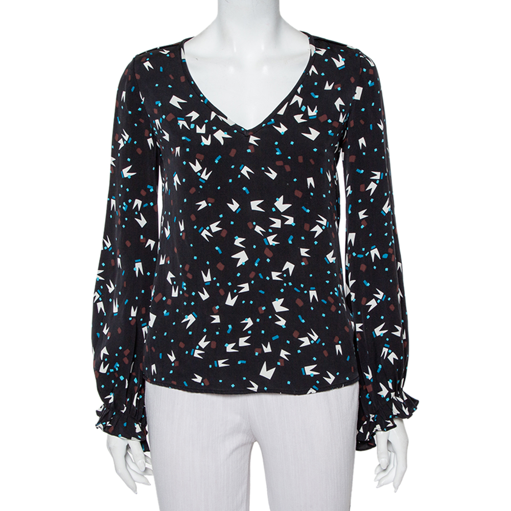 Diane Von Furstenberg Black printed Silk Oversized Dickinson Top XS