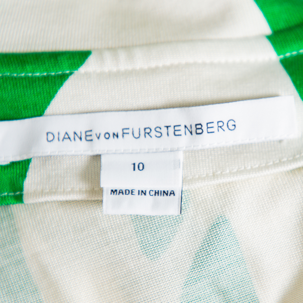 Diane Von Furstenberg Beige & Green Printed Silk Knit Collared Mini Wrap Dress L