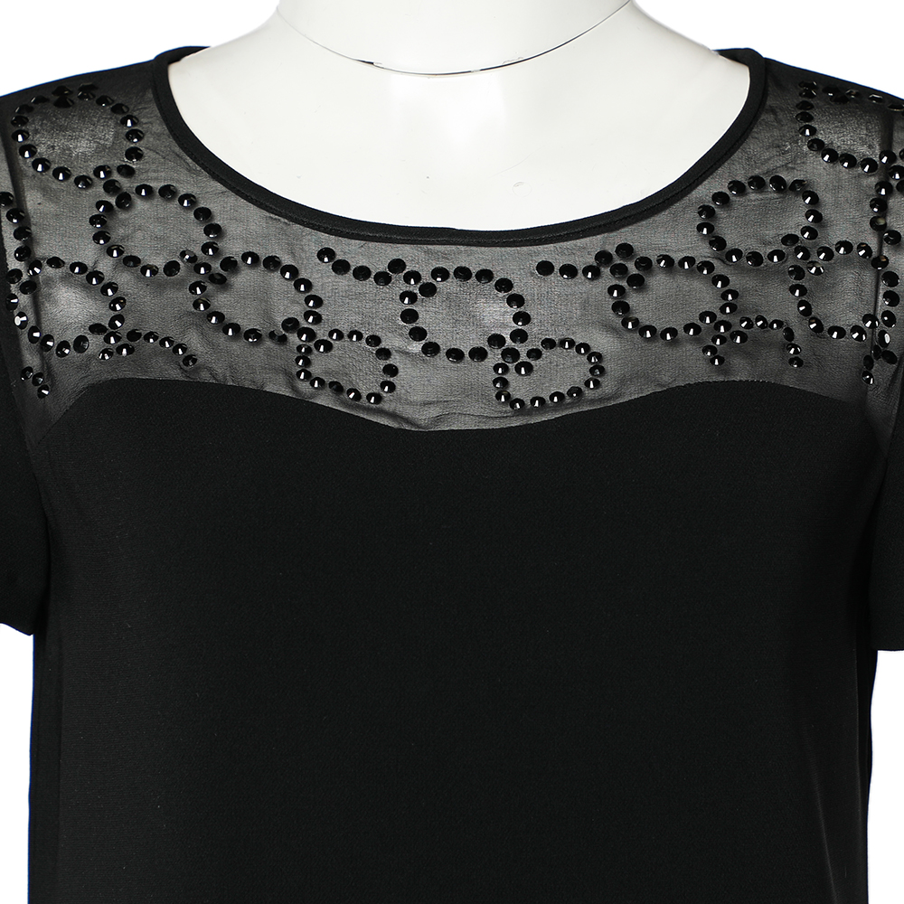 Diane Von Furstenberg Black Crepe Embellished Neck Detail Top S