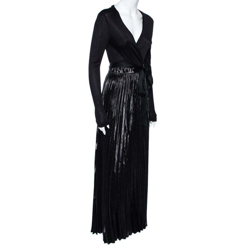 

Diane von Furstenberg Black Knit & Metallic Plissé Heavyn Maxi Wrap Dress