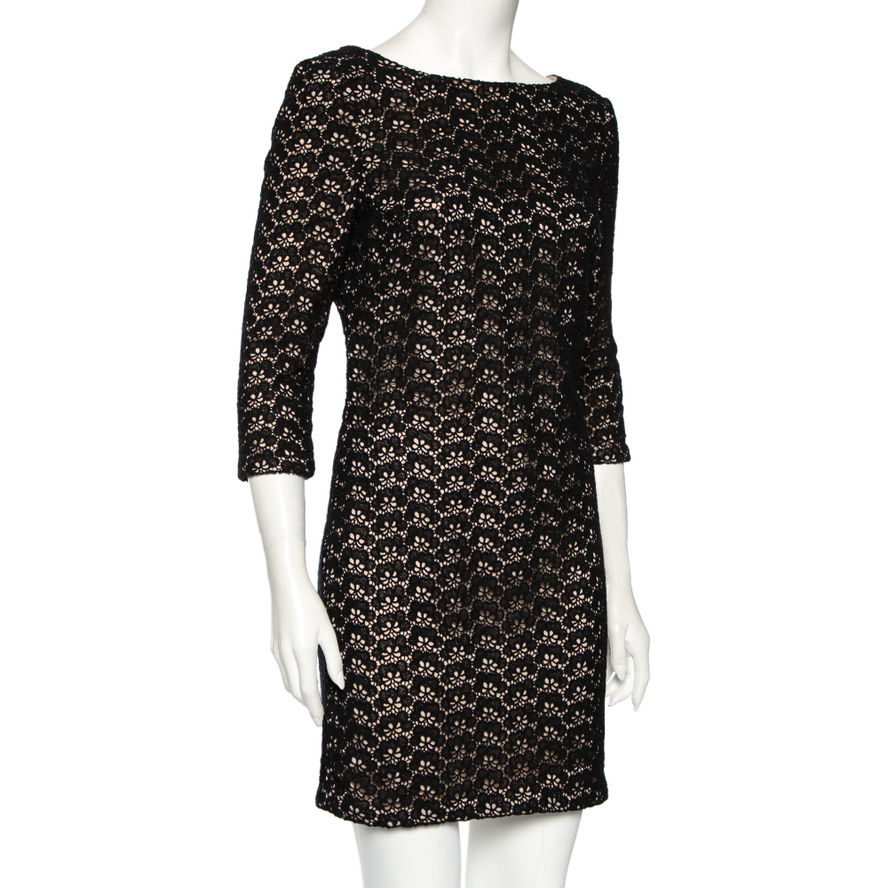 Diane Von Furstenberg Black Floral Pattern Cutout Lace Dress M