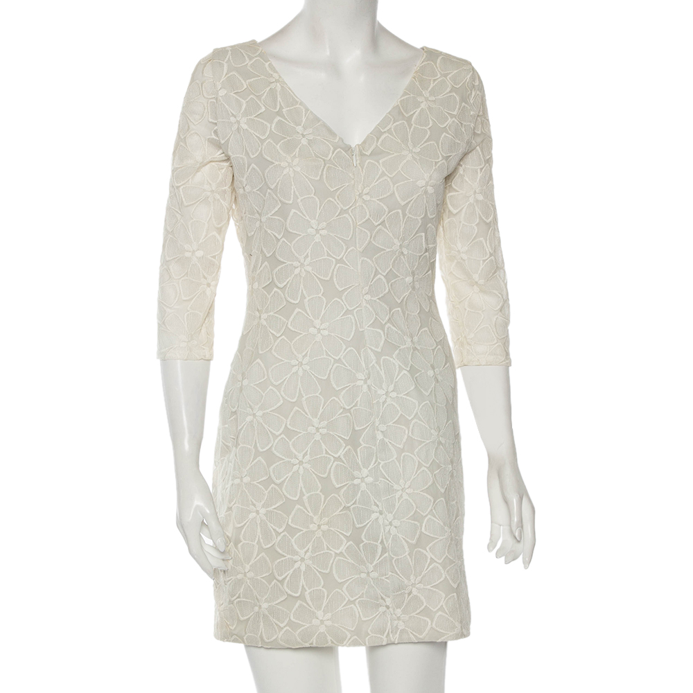 Diane Von Furstenberg Pale Grey & Cream Floral Embroidered Silk Sarita Dress M